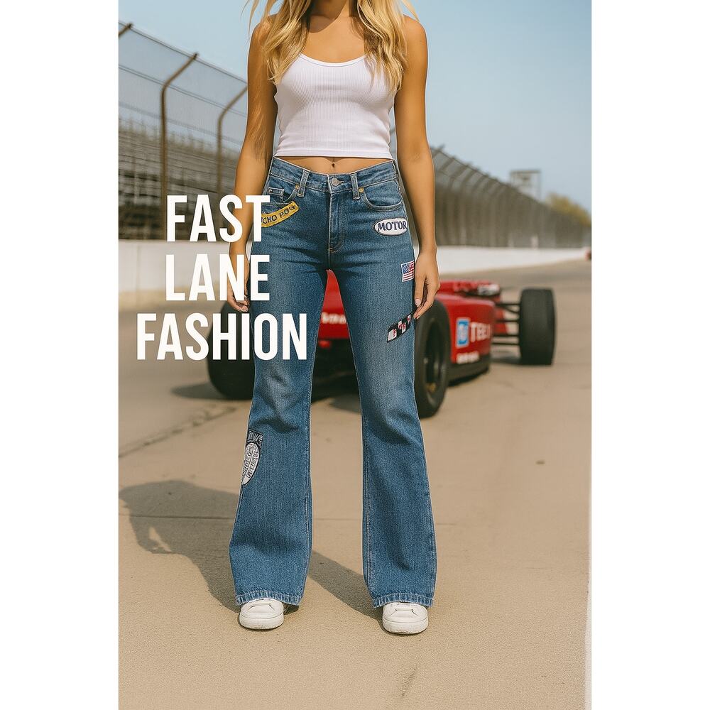 RARE Vintage 90s Allen B Racing Flare Jeans 28 USA NASCAR Drag Race Speedway Y2K